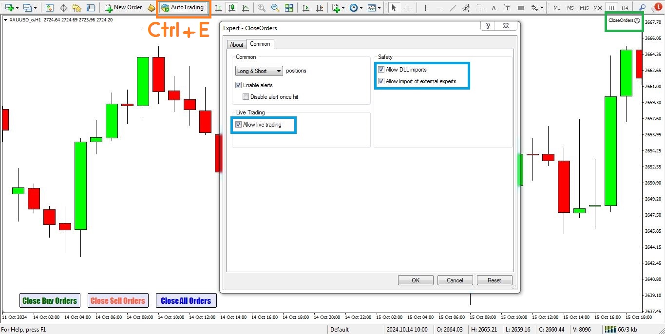 تنظیمات اکسپرت بستن همزمان همه معاملات برای متاتریدر 4 - راکیمو