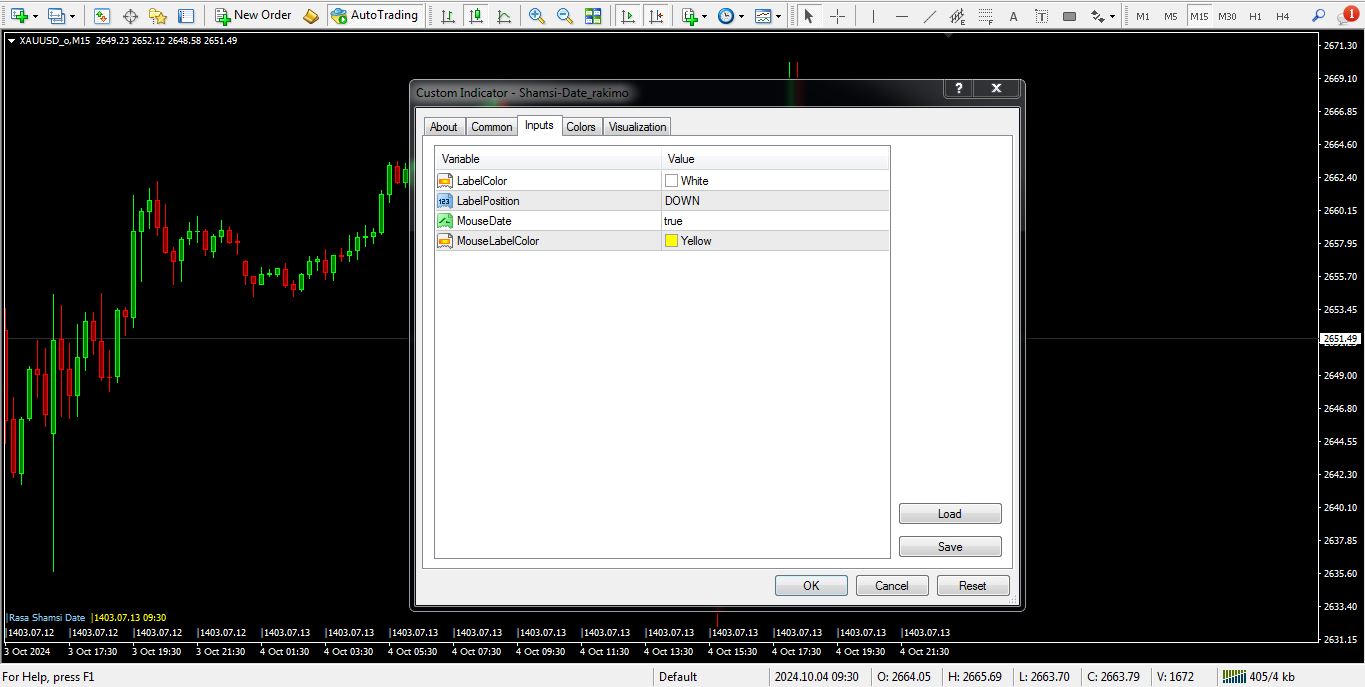 تنظیمات اندیکاتور نمایش تاریخ شمسی برای متاتریدر 4 - راکیمو