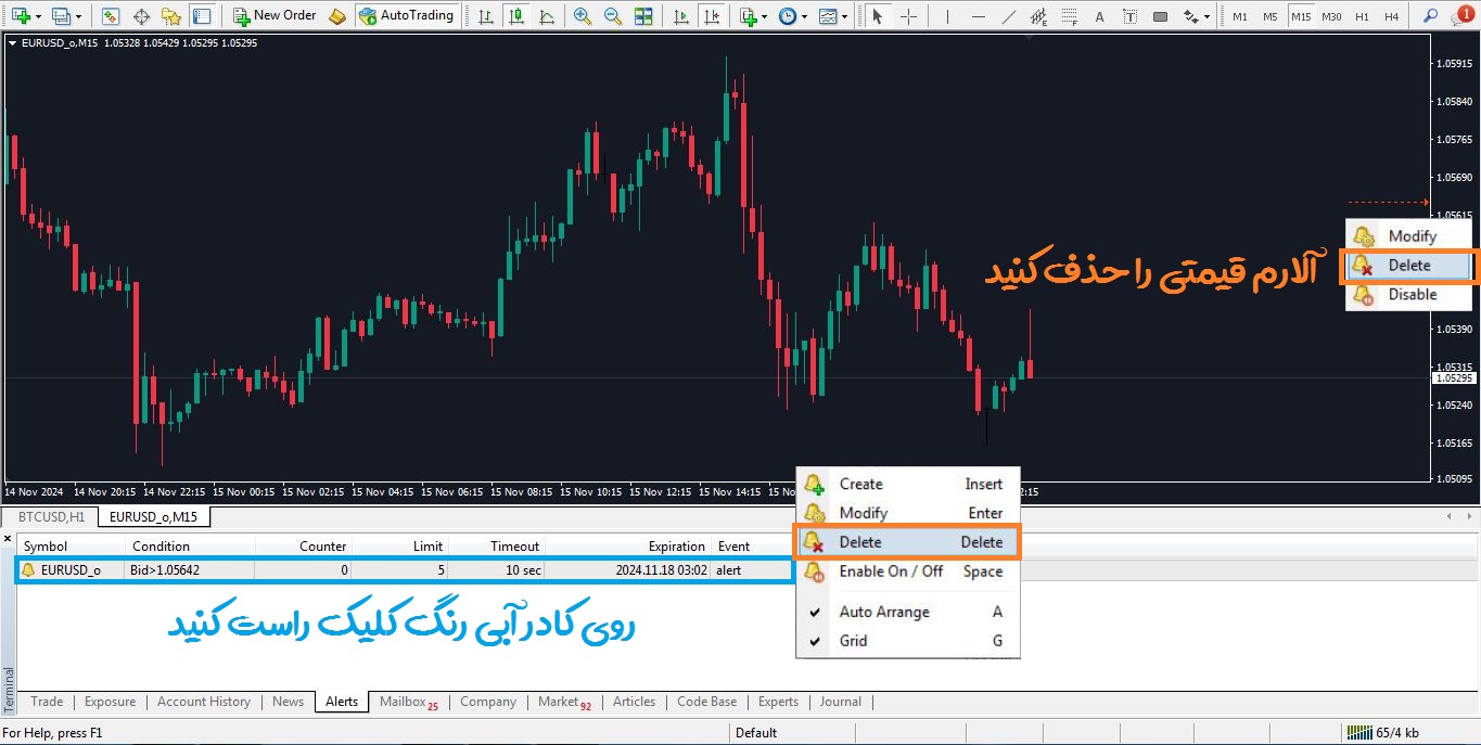 آموزش آلارم گذاشتن در متاتریدر 4 - راکیمو