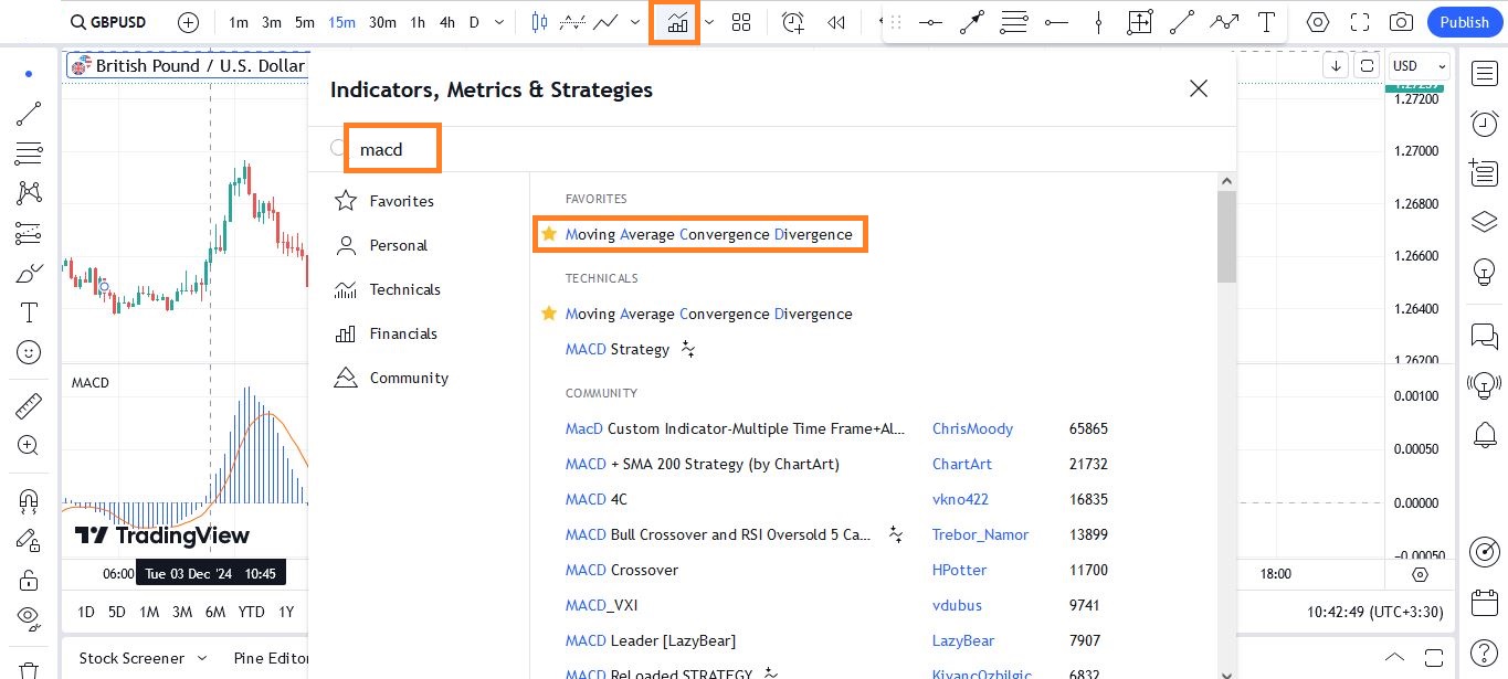 اضافه کردن اندیکاتور مکدی در تریدینگ ویو - راکیمو