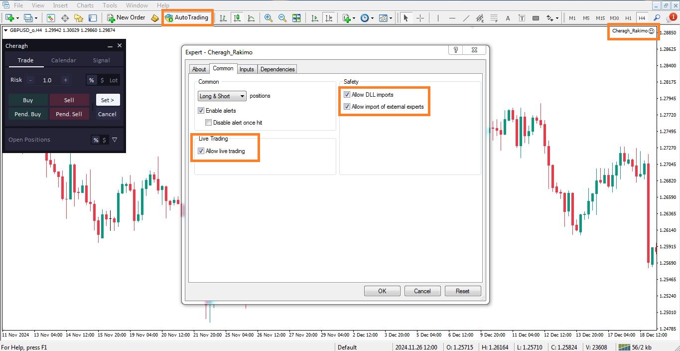فعالسازی اکسپرت مدیریت سرمایه چراغ برای متاتریدر 4 - راکیمو