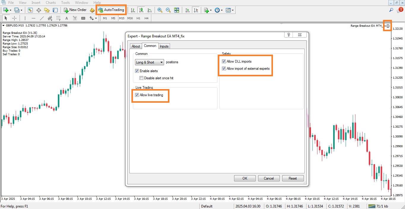 فعالسازی ربات معامله گر Range Breakout برای متاتریدر 4 - راکیمو