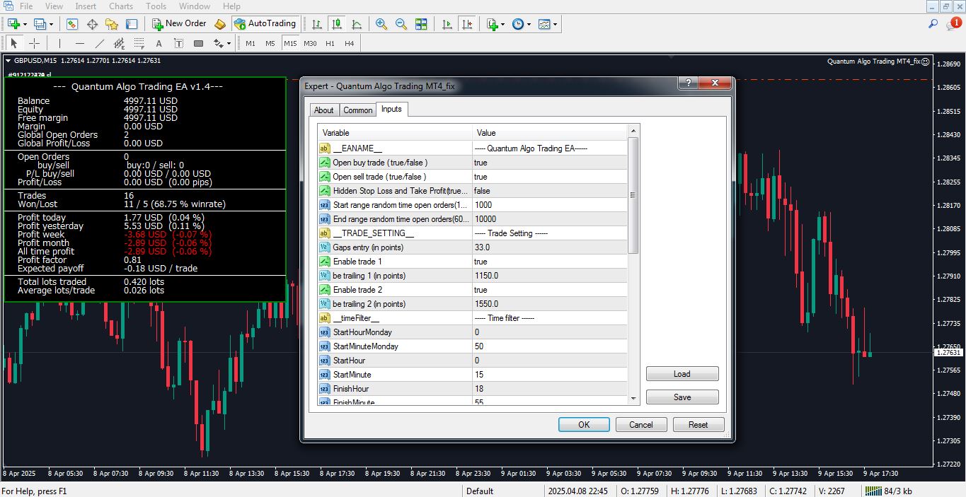 تنظیمات ربات معامله گر Quantum Algo Trading برای متاتریدر 4 - راکیمو
