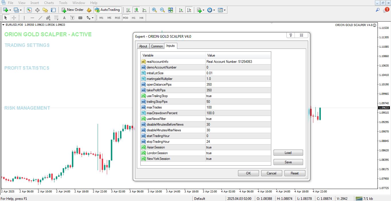 تنظیمات اکسپرت Orion Gold Scalper برای متاتریدر 4 - راکیمو